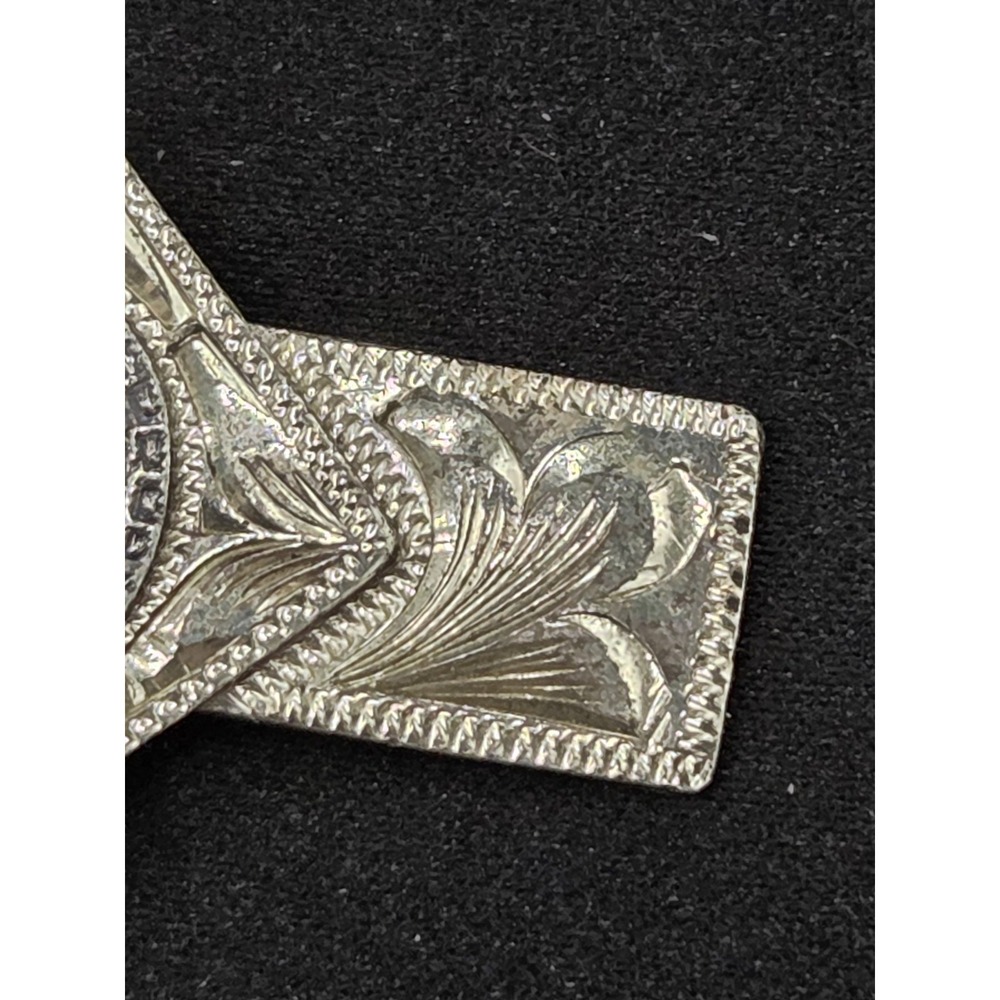 Plafina Stamped Sterling Silver Tie Clasp Scroll Pattern With Aztec Symbol - Picture 3 of 9